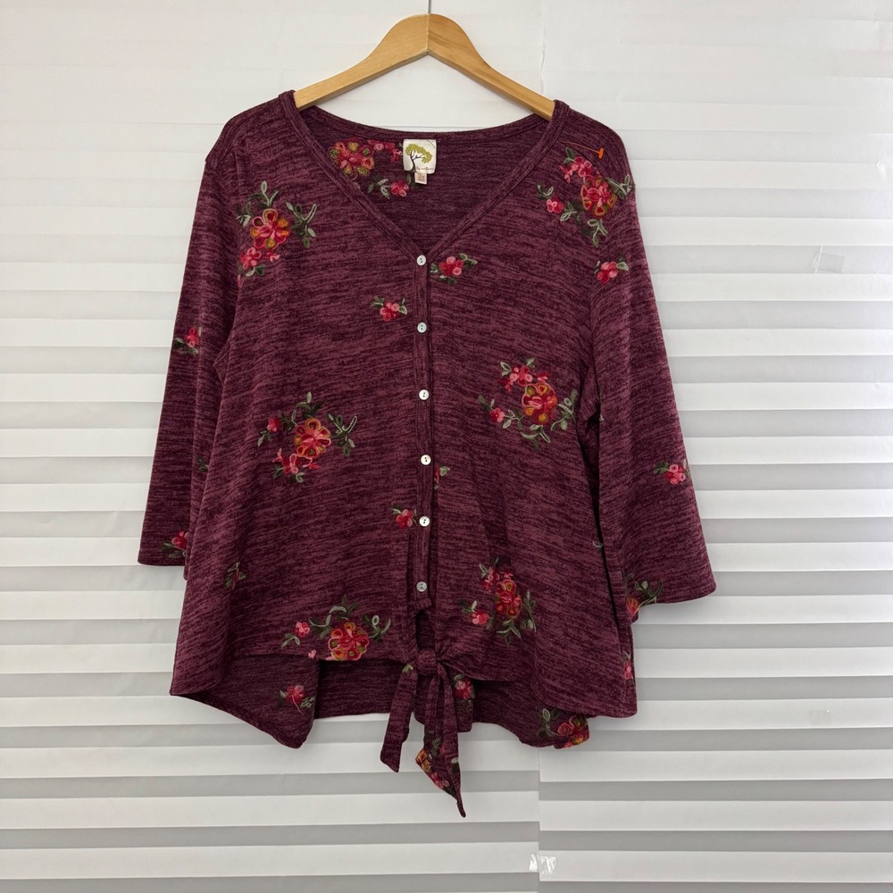 Fig and Flower Burgundy Floral Embroidered‎ Tie Front Cardigan Top Plus Size 3X